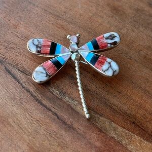 Zuni Handcrafted Sterling Silver Multi-Stone Inlay Dragonfly Brooch Pendant